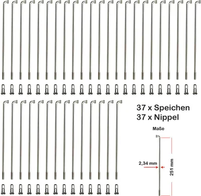 Produktbild von 37 Stück Speichen 251mm verstärkt NIROSTA 2,34mm inkl. Messing Speichennippel