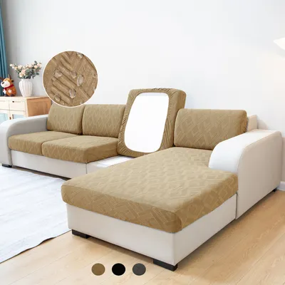 Produktbild von Sofa Überzug Jacquard Geometrisch Muster für Rückenkissen, Sofa Bezug Wasserdicht Gummiband rutschfest, Sitzkissen Bezug Elastisch Universal Khaki