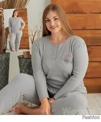 Produktbild von Damen Pyjama Schlafanzug Hellgrau L Warm Baumwolle 2-Teiler Set Winter A-84