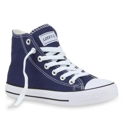 Produktbild von Mytrendshoe Damen High Top Sneakers Sportschuhe Kult Schnürer 94589, Farbe: Dunkelblau Lucky, Größe: 41