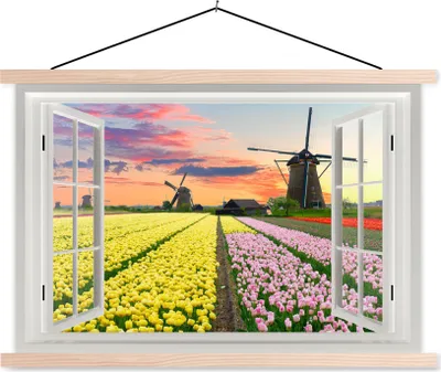 Produktbild von MuchoWow® Textilposter Aussicht - Sonnenuntergang - Tulpen 60x40 cm mit holzfarbenen Rahmen - Bilder
