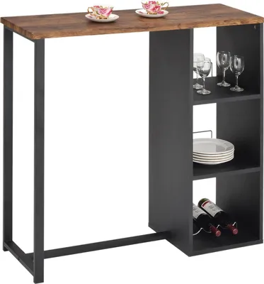 Produktbild von Bartisch PIAVA, schöner Stehtisch mit Regal, moderne Küchentheke mit Metallgestell in schwarz, schöner Bartresen mit Flaschenhalterung, praktische Küchenbar in Wildeiche Optik