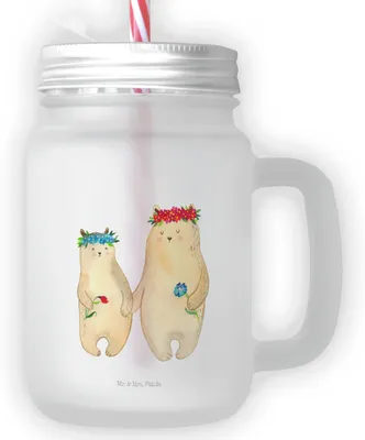 Produktbild von Mr. & Mrs. Panda Glas Bären mit Blumenkranz - Transparent - Geschenk, Schraubdeckel, Für Smoothies, Muttertag, deckel, Mama, Kinder, Familie, Strohhalm, Cocktailglas
