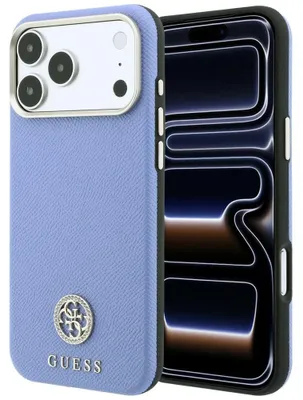 Immagine prodotto di Custodia per iPhone 18 Pro / 17 Pro, Guess, motivo a rilievo, logo con strass, compatibile con MagSafe, colore blu