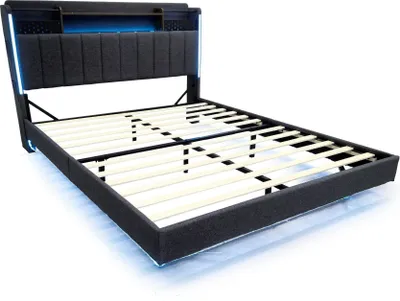 Produktbild von Polsterbett 160x200 cm (Ohne Matratze) Kopfteil USB-Steckdose Kopfteil Ablage Stauraum Schwebebett Jugendbett Erwachsenenbett Leinenstoff Grau