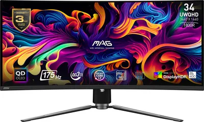 A curved computer monitor displaying a colorful abstract image, with various feature badges on the screen.