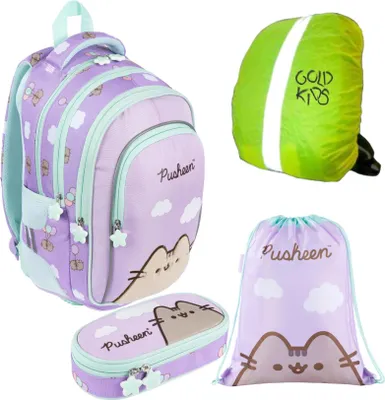 Produktbild von Goldkids - Schulranzen für Jungen und Mädchen, 4er-Set - Schul-Rucksack für Kinder mit Schlampermäppchen - Schuhbeutel und Regenschutz- Pusheen Motiv