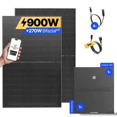 Produktbild von 900W Balkonkraftwerk mit Speicher + Erweiterung Solakon ONE (4,22 kWh) Solaranlage Steckerfertig WIFI Komplettset Photovoltaik Anlage, Kabellänge: 3m