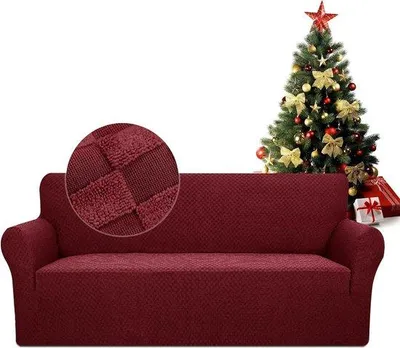 Productafbeelding van Rekbare bankhoes voor 2-zitsbank, schaakbordpatroon, jacquard, elastische, wasbare bankhoes met armleuningen, effen beschermer voor honden, bordeauxrood
