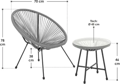 A diagram showing the dimensions of a chair and a table set.