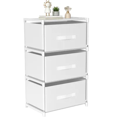 Produktbild von Verdego Kommode mit 3 Stoffschubladen, 40x26x67cm Aufbewahrungsschrank, Schubladenkommode für Schlafzimmer, Wohnzimmer, Küche & Büro, Weiß