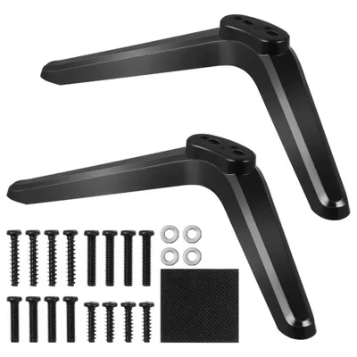 A set of two black TV stands and mounting hardware.