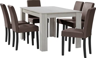 Produktbild von [en.casa] Esstisch Eiche weiß mit 6 Stühlen braun Kunstleder gepolstert 140x90 Essgruppe Esszimmer