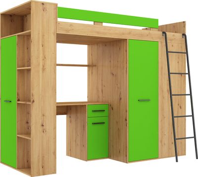Podkrovná posteľ VERANA R (pravá) Poschodová posteľ Predsieň 90x200 Šatníková skriňa Policové schody ARTISAN OAK / GREEN
