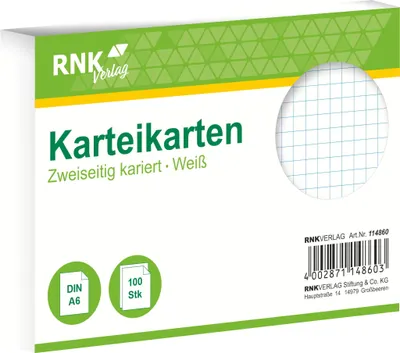 Image de RNK Verlag 114860 Fiches - DIN A6, quadrillées, blanches, 100 fiches