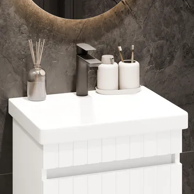 Produktbild von Planetmöbel Cosmia Waschtisch 50 cm mit Schublade Weiß Matt mit Armatur Schwarz Matt