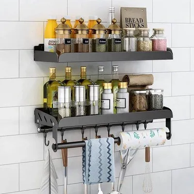 Immagine prodotto di Uniqoos® Porta spezie da parete, set da 2, montaggio senza fori – con portarotolo da cucina e 6 ganci, ripiano per spezie 40 cm, acciaio inossidabile 304, nero