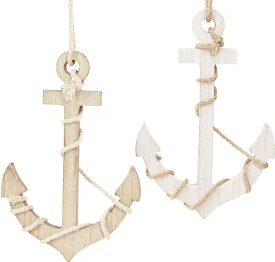 Produktbild von Maritime Holzanker Weiß Natur Dekoration 13,5×20cm 2 Stück