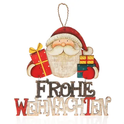 Productafbeelding van Houten kerstdecoratie hanger - Kerstman - 32,5 x 30 cm - Wit, rood en zwart - Voor deur, muur en raam