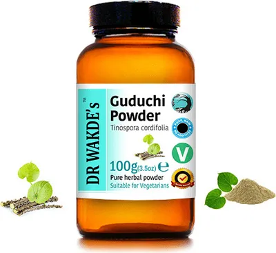 Produktbild von DR WAKDE'S Guduchi Pulver (Giloy | Tinospora cordifolia) - 100 g (3,5 Unzen) | Rein, Raw & Getrocknetes Pulver | Ayurveda-Kräuter | Vegan | Nichts hin