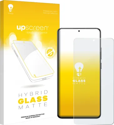 A product packaging box for a screen protector, with a screen protector shown on a smartphone.