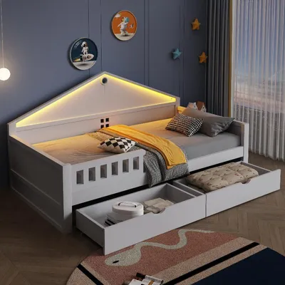 Zdjęcie produktu dla Łóżeczko dla dziecka o wymiarach 90x200 cm, wykonane z drewna sosnowego i MDF, z listwą LED, dwoma szufladami i elastycznym stelażem. Białe łóżko młodzieżowe do pokoju dziecięcego