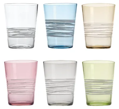 Zdjęcie produktu dla Zestaw 6 szklanek Filante typu tumbler z kolorowego szkła z efektem pasków i białymi włóknami, eleganckie i wytrzymałe, różne kolory w komplecie