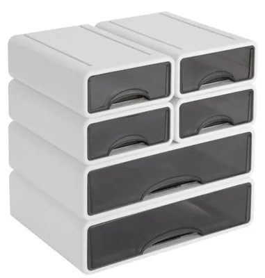 Image de Organiseur de bureau - Boîte à tiroirs - 2 grands tiroirs + 4 petits tiroirs - Tiroirs amovibles - Empilable - Plastique PP - Blanc