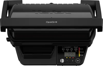A black electric grill is shown from a top-down perspective against a white background.