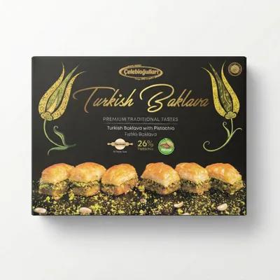 Produktbild von Baklavacı Çelebioğulları Türkische Baklava mit Pistazien 500 g, 26% Pistazien, ohne Glukosesirup