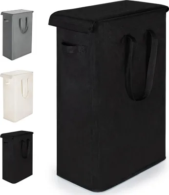 A collage of laundry baskets in different colors, with a large black one in the foreground.