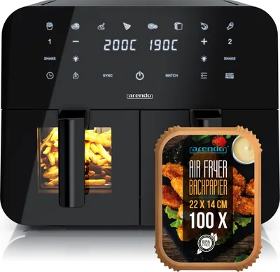 Arendo Heißluftfritteuse XXL, Doppelkammer, Dual Zone, Airfryer 9L mit Backpapier, Sichtfenster mit Beleuchtung, 8 Programme, Touchscreen, 3D Umluftsystem