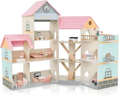 Imagen del producto de Casita de muñecas de madera, con 3 plantas y una gran casa de muñecas con 7 habitaciones y 36/42 accesorios de mobiliario, ideal para niños a partir de 3 años (rosa, 107x94,5 cm)