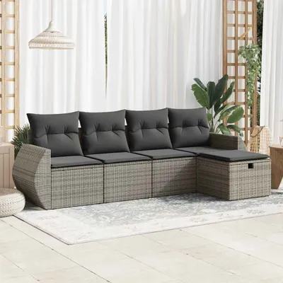 Produktbild von Design 5-tlg. Garten-Sofagarnitur mit Kissen Grau Poly Rattan, Gartenmöbel-Sets 2024 Neu