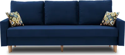 A dark blue sofa with three back cushions and two decorative pillows.