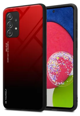 A smartphone case with a gradient red and black design is shown next to a smartphone.