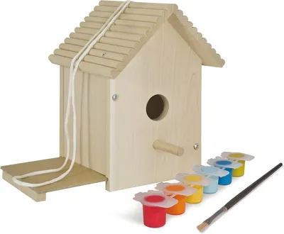 Produktbild von Holz-Vogelhaus zum Zusammenbauen und Bemalen, inklusive Pinsel und Farben, 14x14x24 cm, aus Lindenholz, zum Selbstbauen, bunt
