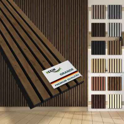 Produktbild von HEXIM Akustikpaneele Musterstück Holz Grande - XXL Wandpaneele Platten Lamellen Holzpaneele Echtholzfurnier 21mm Filz Schalldämmung MDF Braun (Light Walnut)