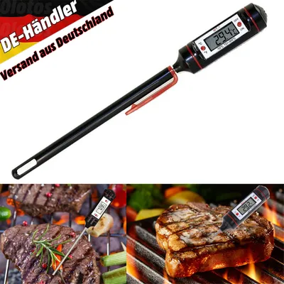 A digital thermometer is shown in the upper part of the image, and two grilling scenes with steaks are shown in the lower part.