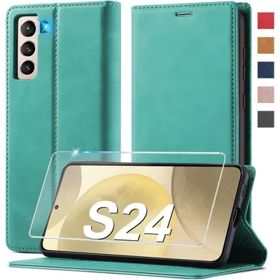 Image de Étui rabattable en cuir vert pour Samsung Galaxy S24, avec porte-cartes et support