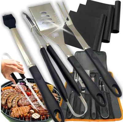 Immagine prodotto di Set da barbecue 4 in 1 con spatola, pinze, utensili e custodia + tappetini in teflon