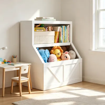 Image de Étagère pour livres et jouets pour enfants - Organisateur de jouets à 2 niveaux - Rangement avec compartiments - Étagère en bois autoportante - Pour chambre d'enfant ou salle de jeux - Blanc
