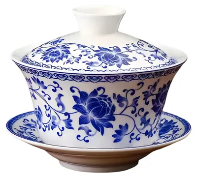 Obrázek produktu pro Čínská porcelánová konvička na čaj "Gaiwan", objem 300 ml, s motivem lotosu, vhodná do kuchyně