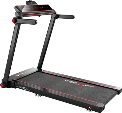 A black and red electric treadmill is shown against a white background.
