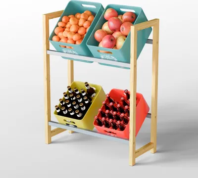Produktbild von Björn&Schiller Getränkekistenregal – Regal für 4 Kisten, 71x30x90 cm, rutschfest, bis 80 kg belastbar, Bambus & Eisen, einfache Montage
