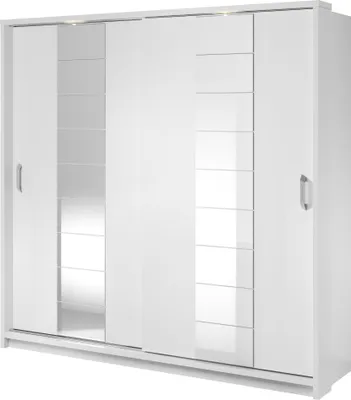 Produktbild von Furniture24 Schwebetürenschrank Kleiderschrank AR-08 ARTI Garderobenschrank Schrank Schiebetür Schiebeschrank mit Spiegel, 2 Kleiderstangen, 8 Einlegeboden und LED Beleuchtung Weiß Matt, 220 cm breit