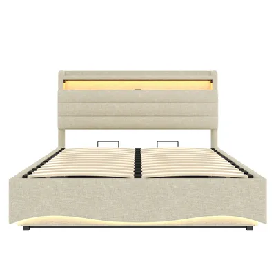 Produktbild von Flieks Hydraulisches Polsterbett 140x200cm mit USB und Type-c, Boxspringbett Doppelbett mit Led, Jugendbett Stauraumbett Leinen, Beige