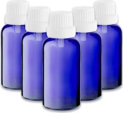 Produktbild von 5x Blaue Glasflasche 30 ml mit weißem Tropfeinsatz leer für Öl 18/415