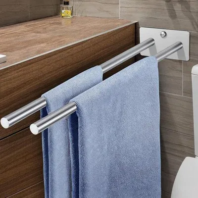 Image de Porte-serviettes de salle de bain pour deux serviettes - Fixation murale sans perçage - 39 cm - Argent