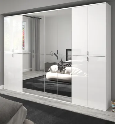 Produktbild von Kleiderschrank SystemX in weiß Hochglanz Schrank mit Spiegel 244 x 193 cm, variable Inneneinteilung
